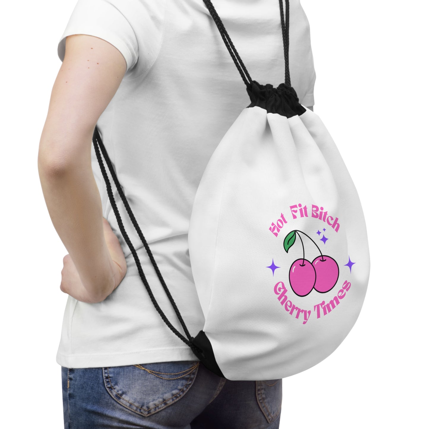 Pink Cherries Drawstring Bag