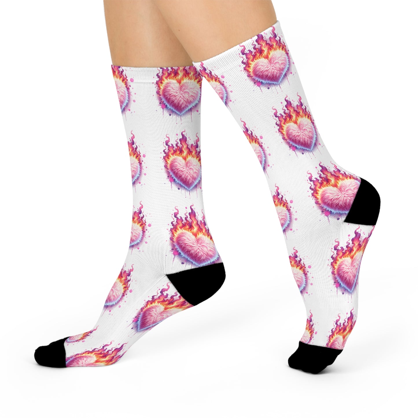 Love on Fire Cushioned Crew Socks - Colorful Heart & Flames Design