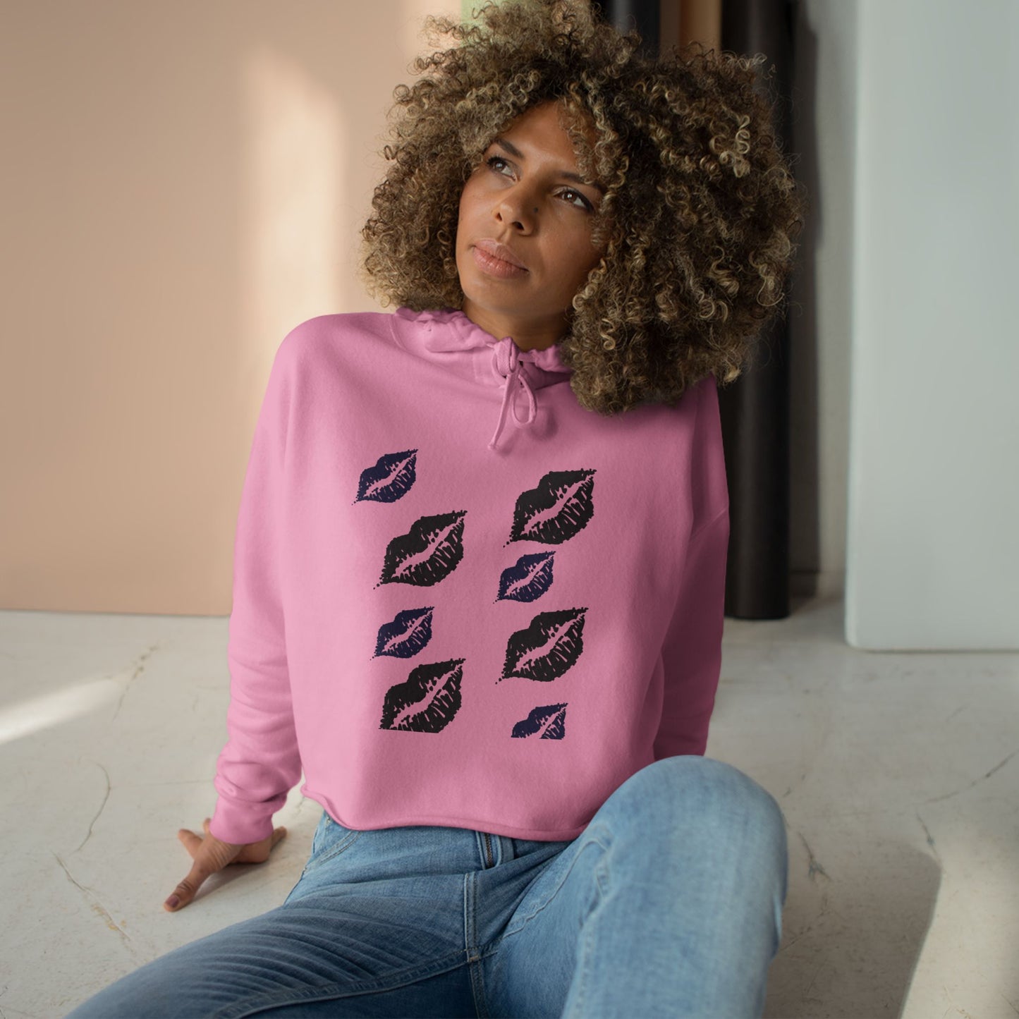 Chic Crop Hoodie with Kiss Print - Stylish Women's Casual Wear