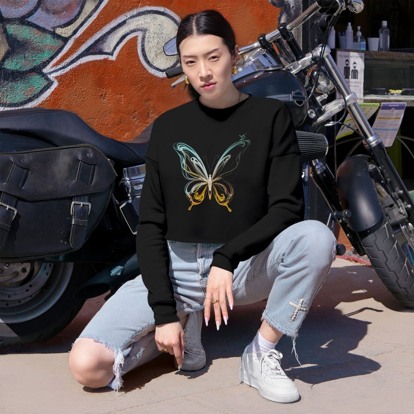 Butterfly Design Women's Cropped Sweatshirt - Trendy & Stylish Layering Piece