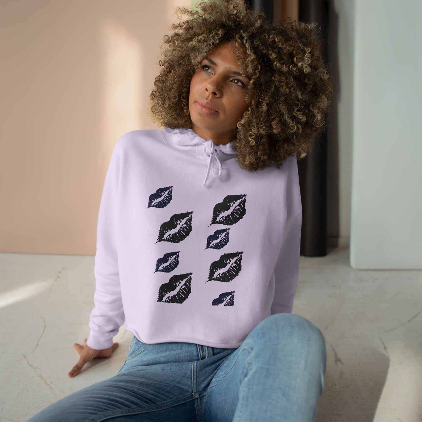 Chic Crop Hoodie with Kiss Print - Stylish Women's Casual Wear