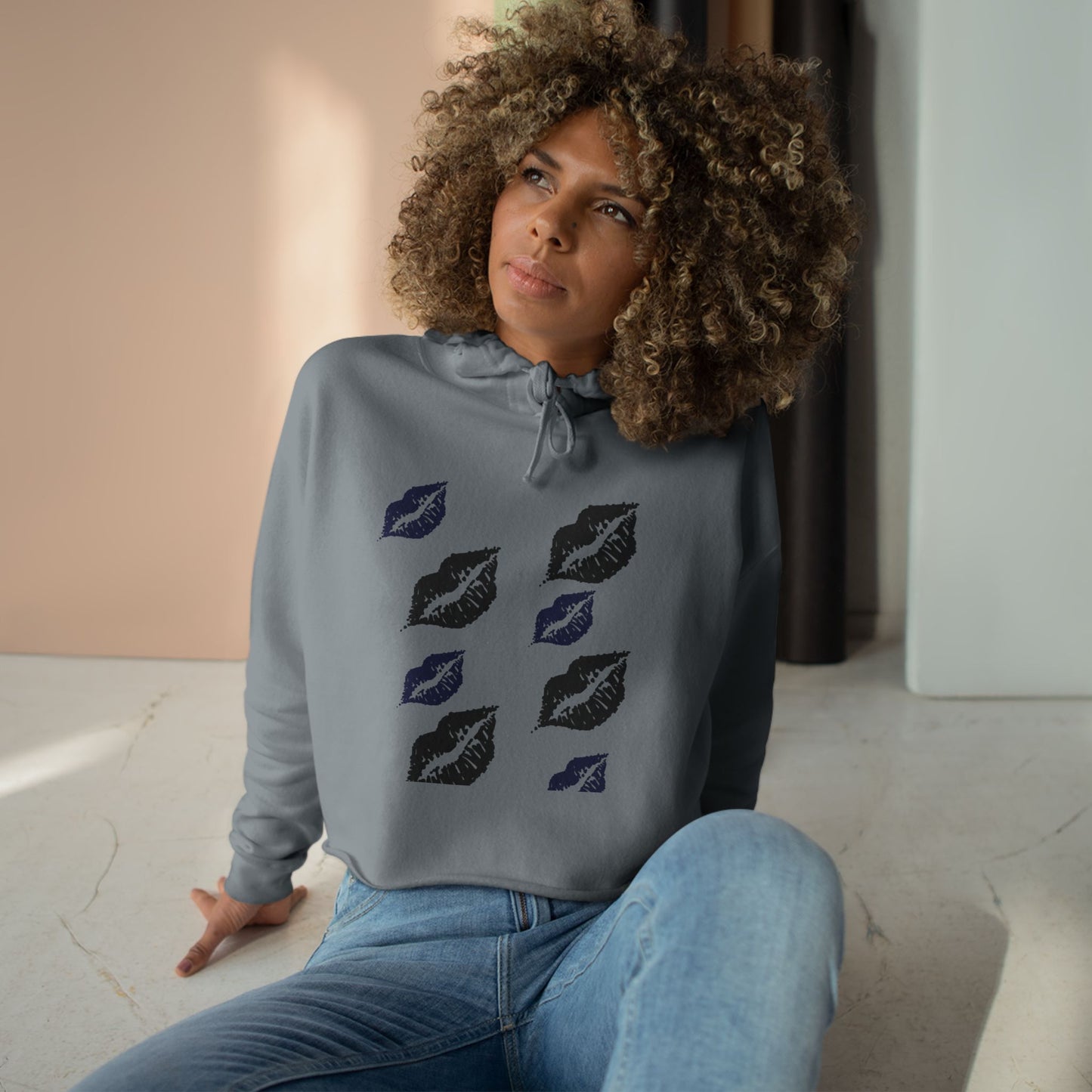 Chic Crop Hoodie with Kiss Print - Stylish Women's Casual Wear
