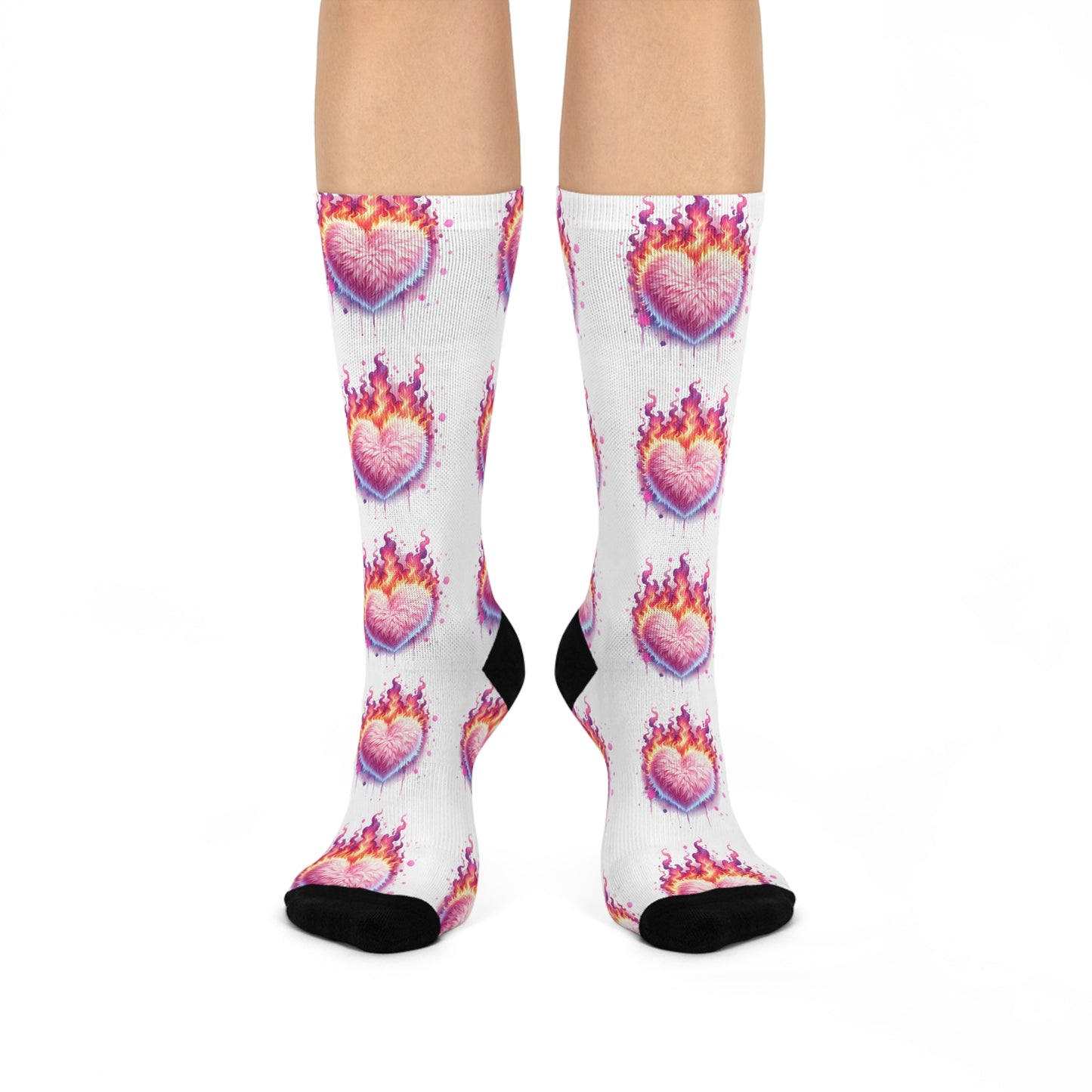 Love on Fire Cushioned Crew Socks - Colorful Heart & Flames Design