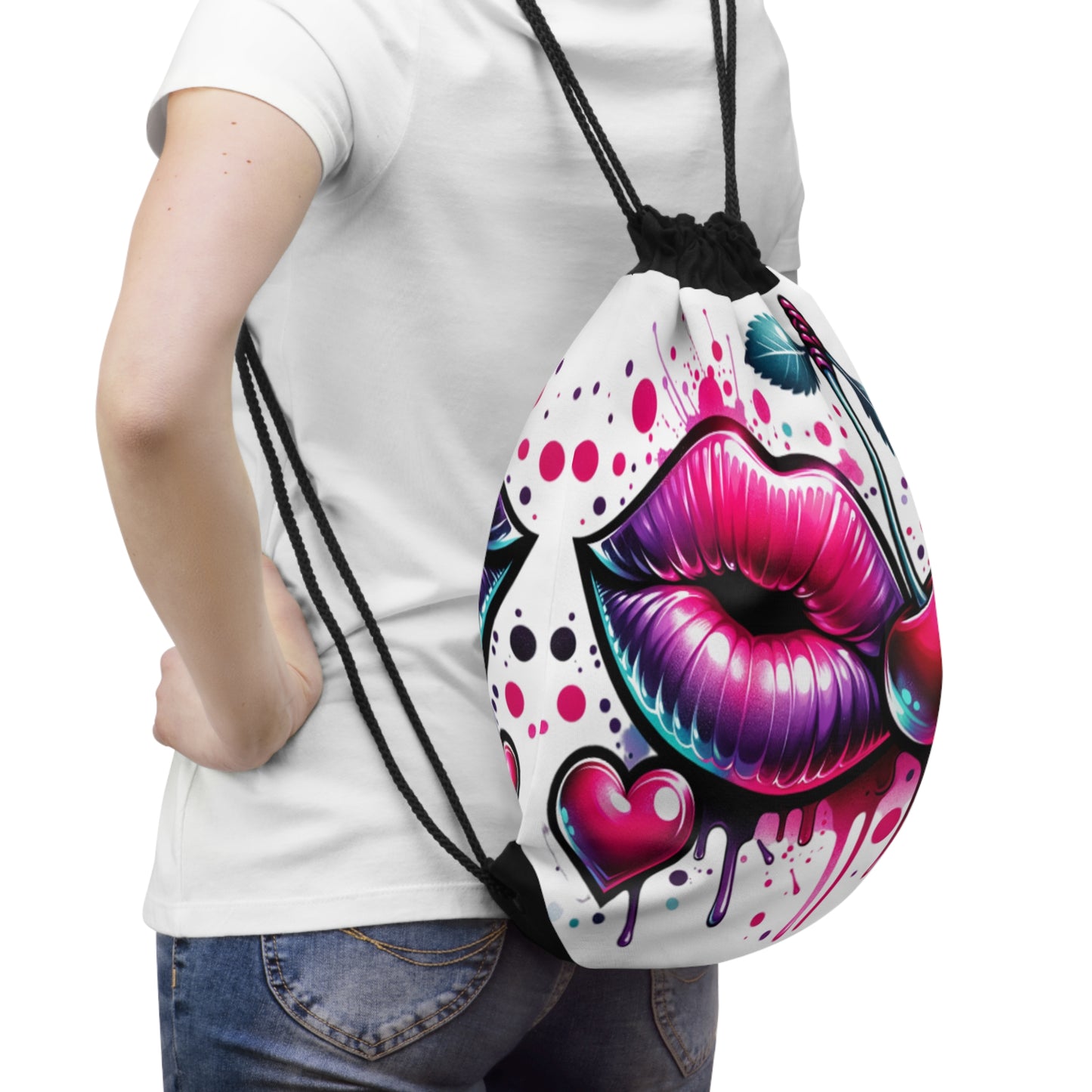 Cute Cherry & Lips Drawstring Bag - Stylish Gym & Travel Tote