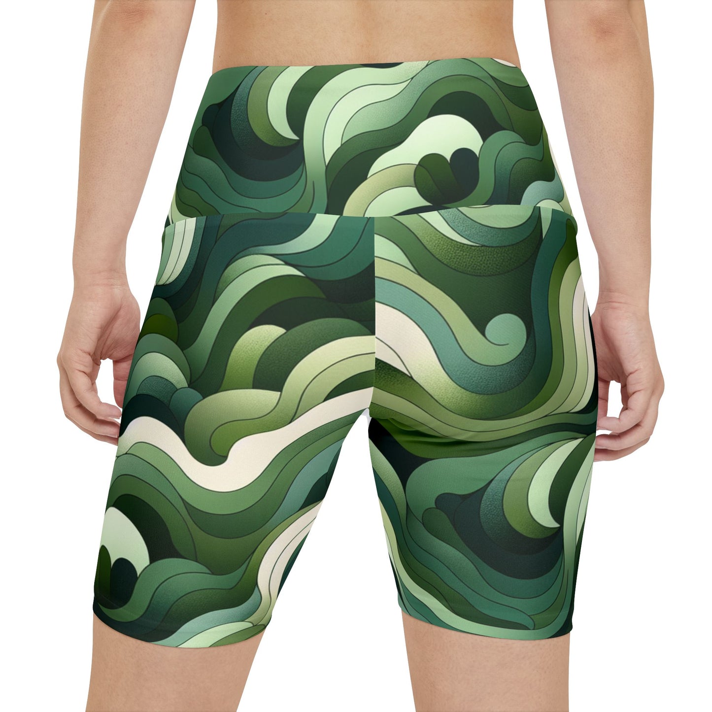 Eco-Friendly Women's Workout Shorts - Green Wave Pattern for Active Lifestyle