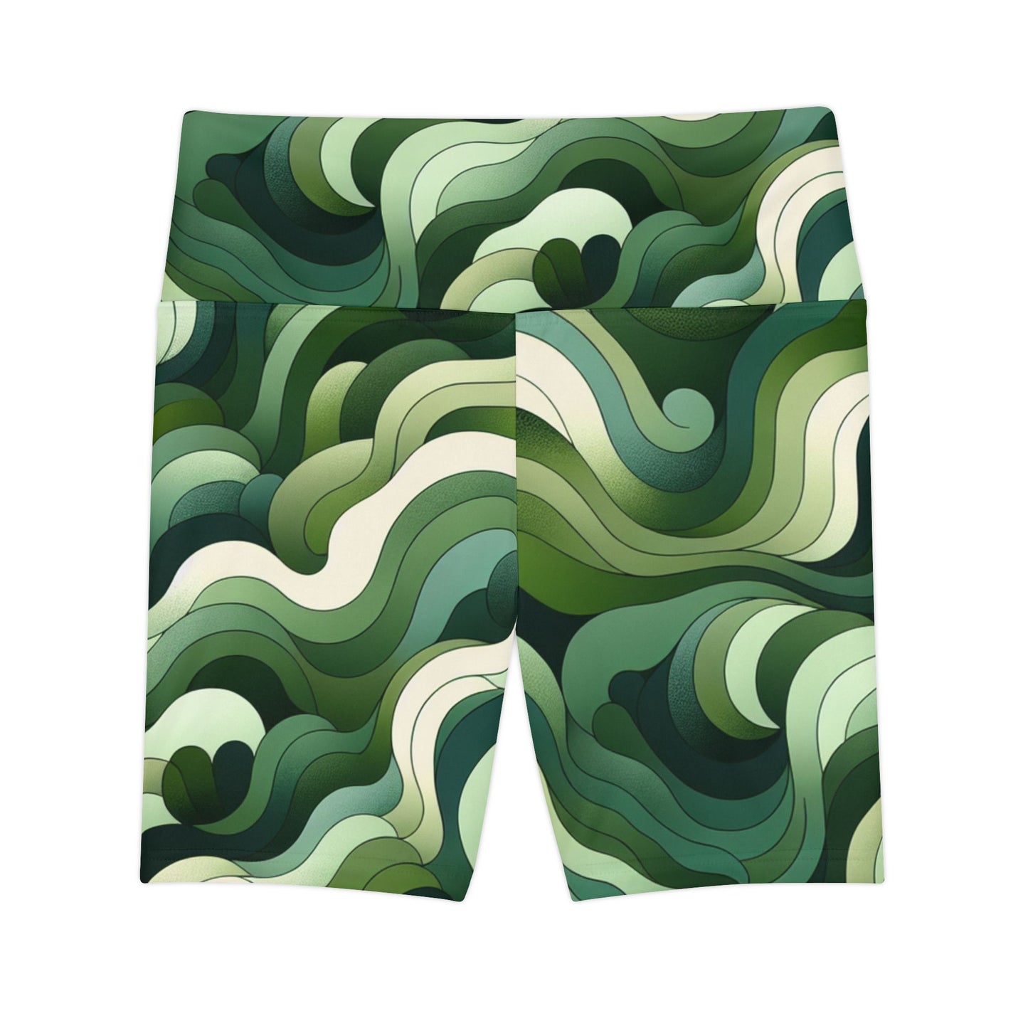 Eco-Friendly Women's Workout Shorts - Green Wave Pattern for Active Lifestyle