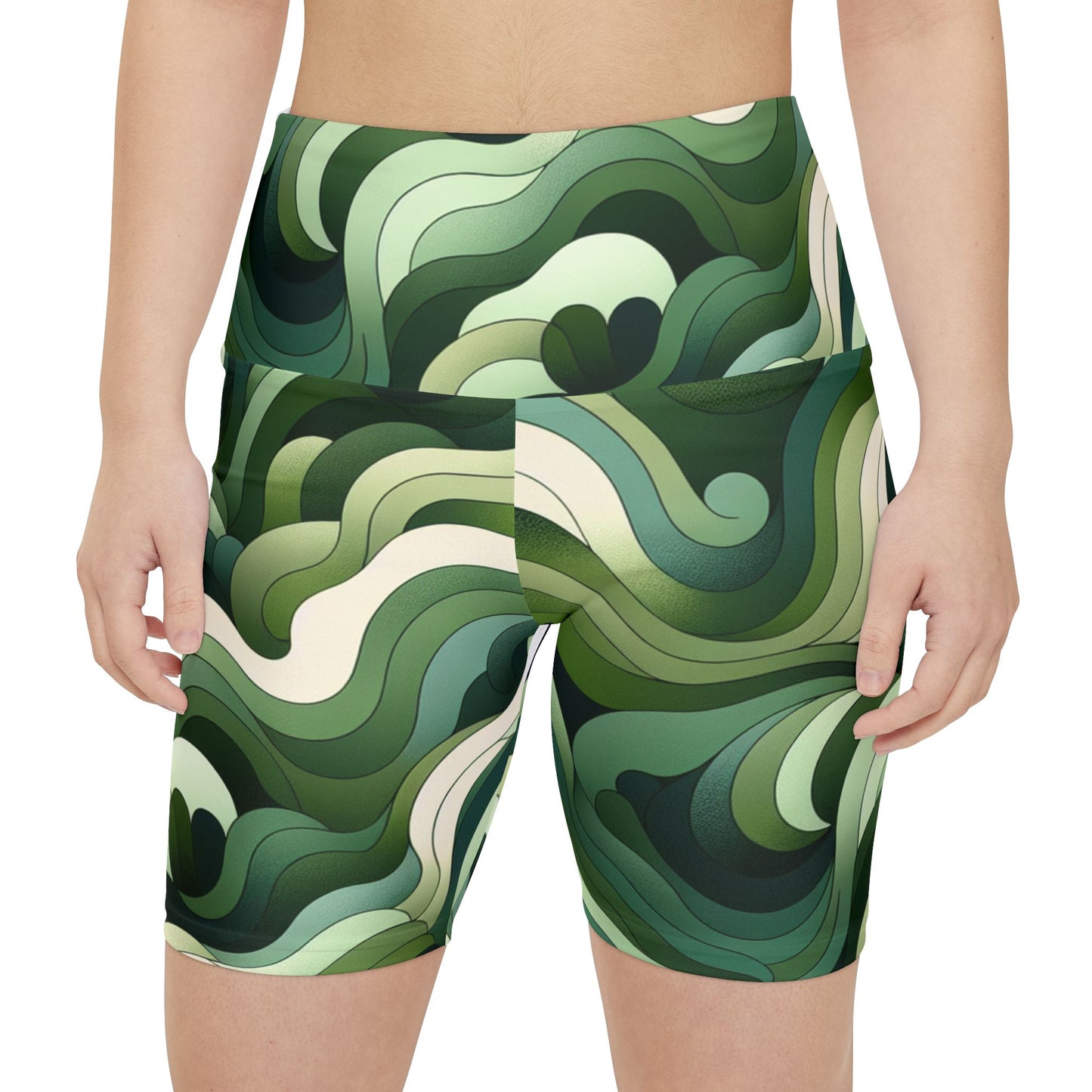 Eco-Friendly Women's Workout Shorts - Green Wave Pattern for Active Lifestyle