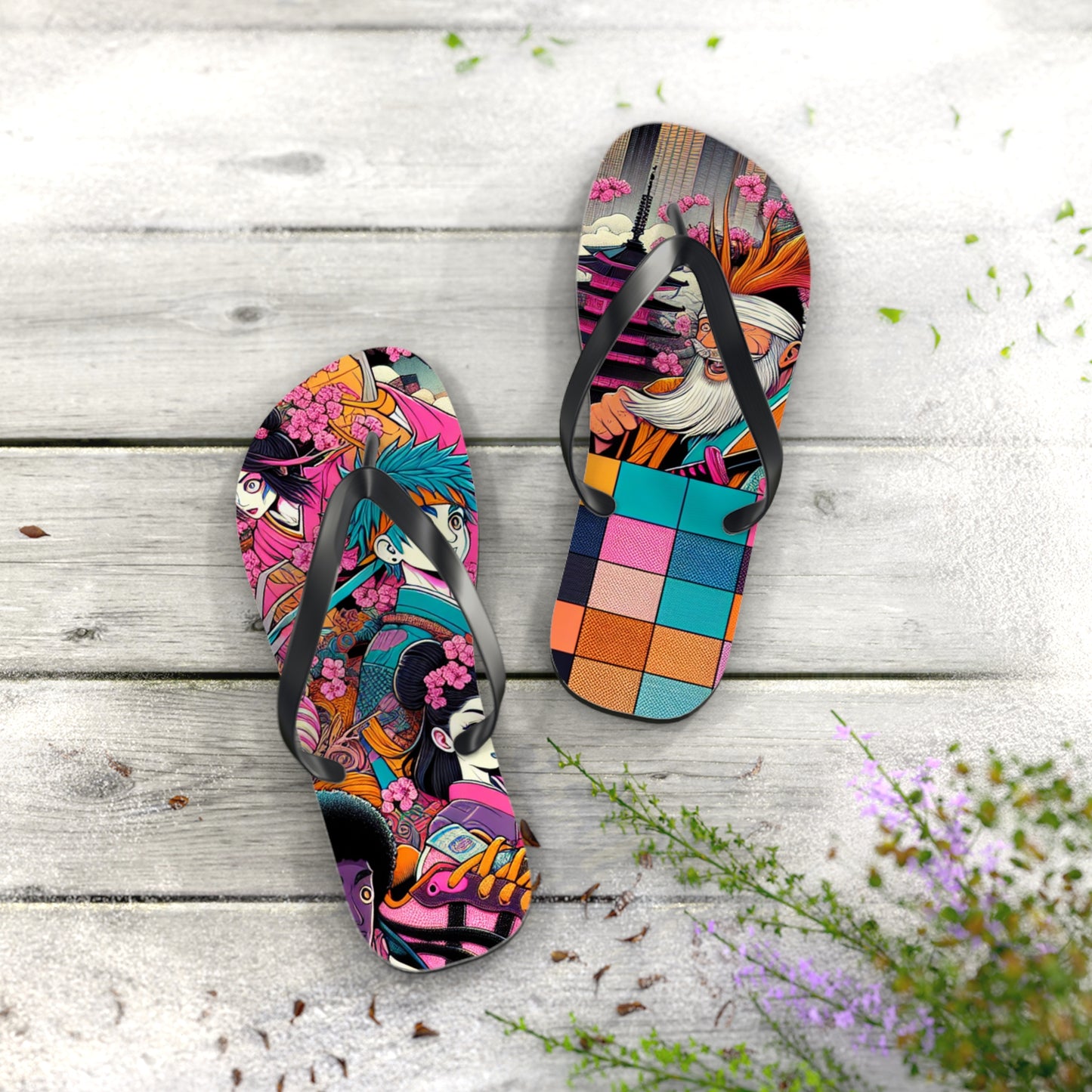 Colorful Artistic Flip Flops, Summer Beach Footwear, Cute Vacation Sandals, Trendy Beachwear, Gift for Her