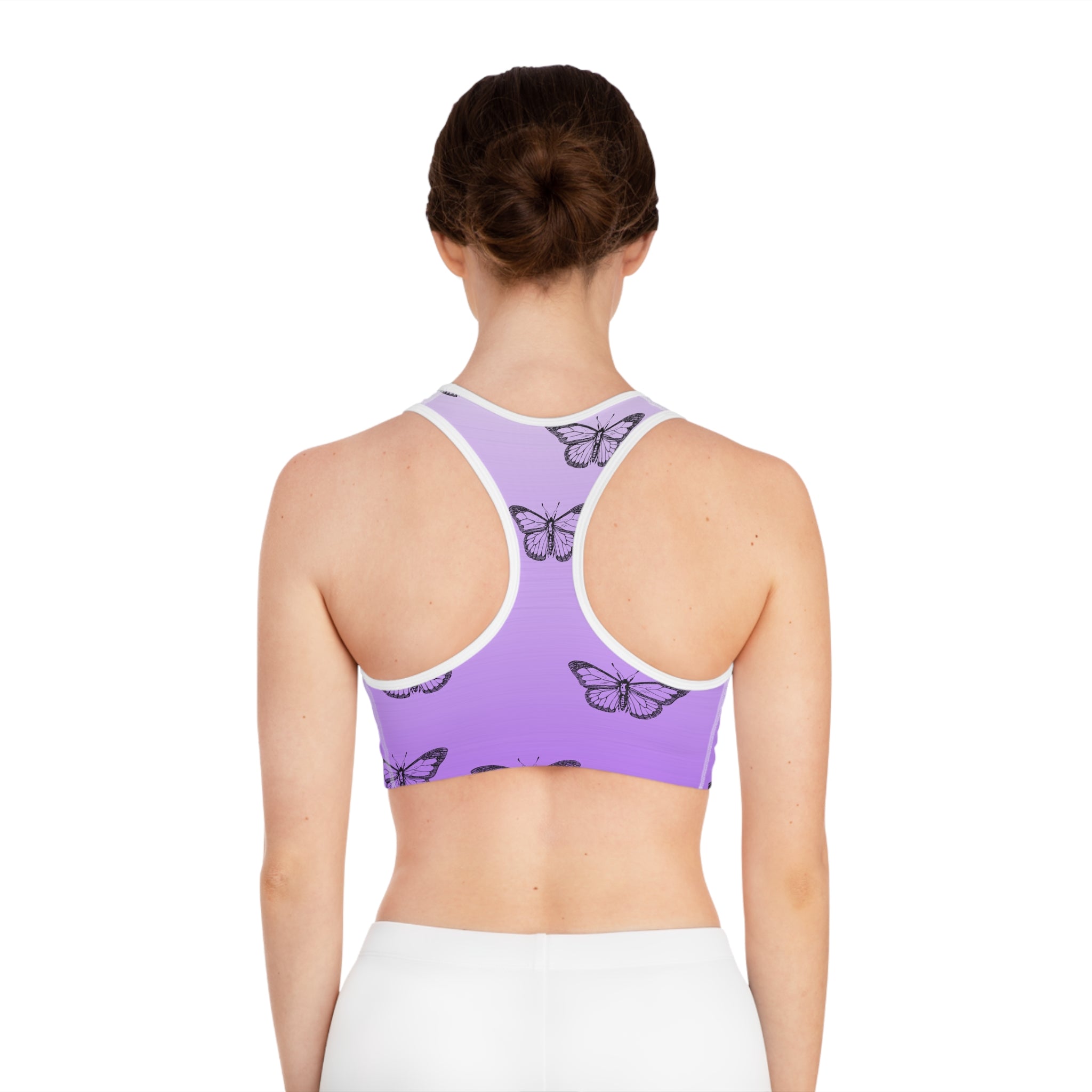 Dee Dee's Purple Butterfly Sports Bra - Elegant Activewear for Yoga & Fitness
