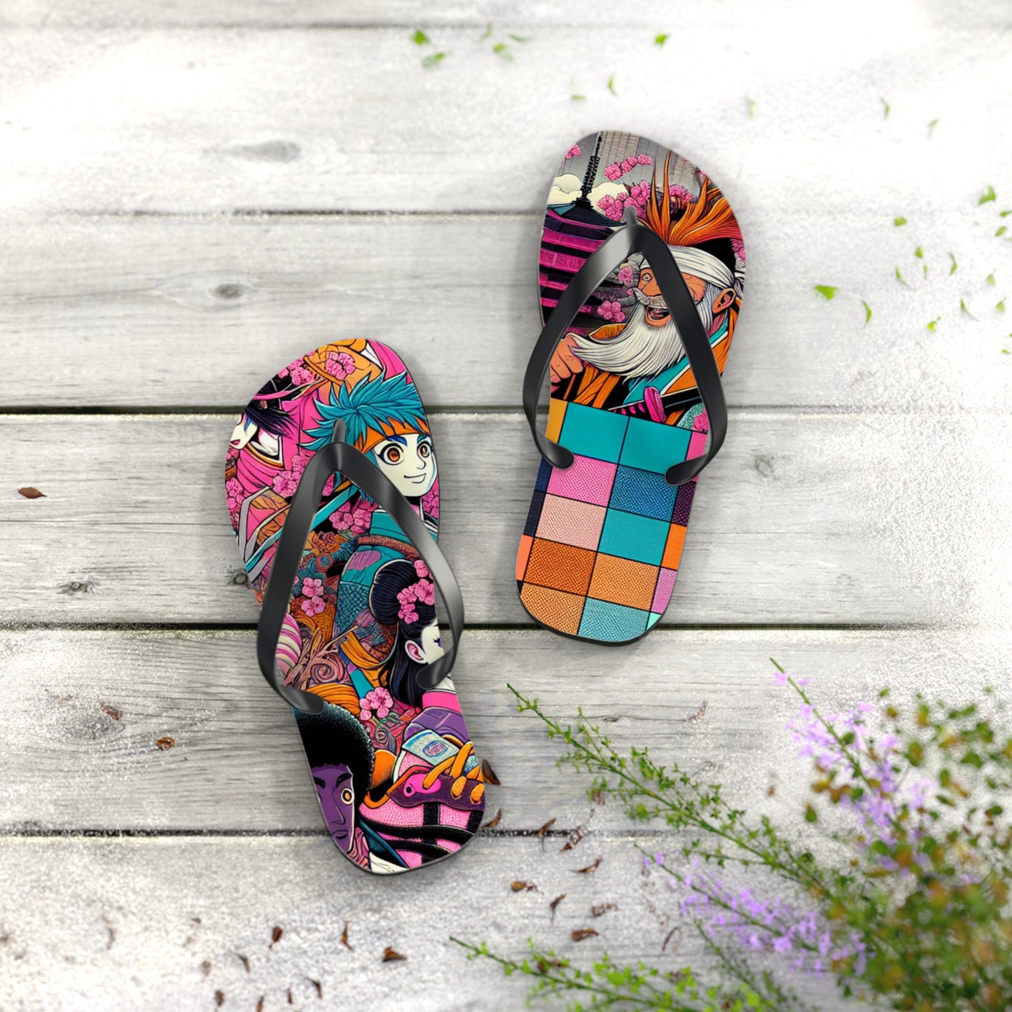 Colorful Artistic Flip Flops, Summer Beach Footwear, Cute Vacation Sandals, Trendy Beachwear, Gift for Her