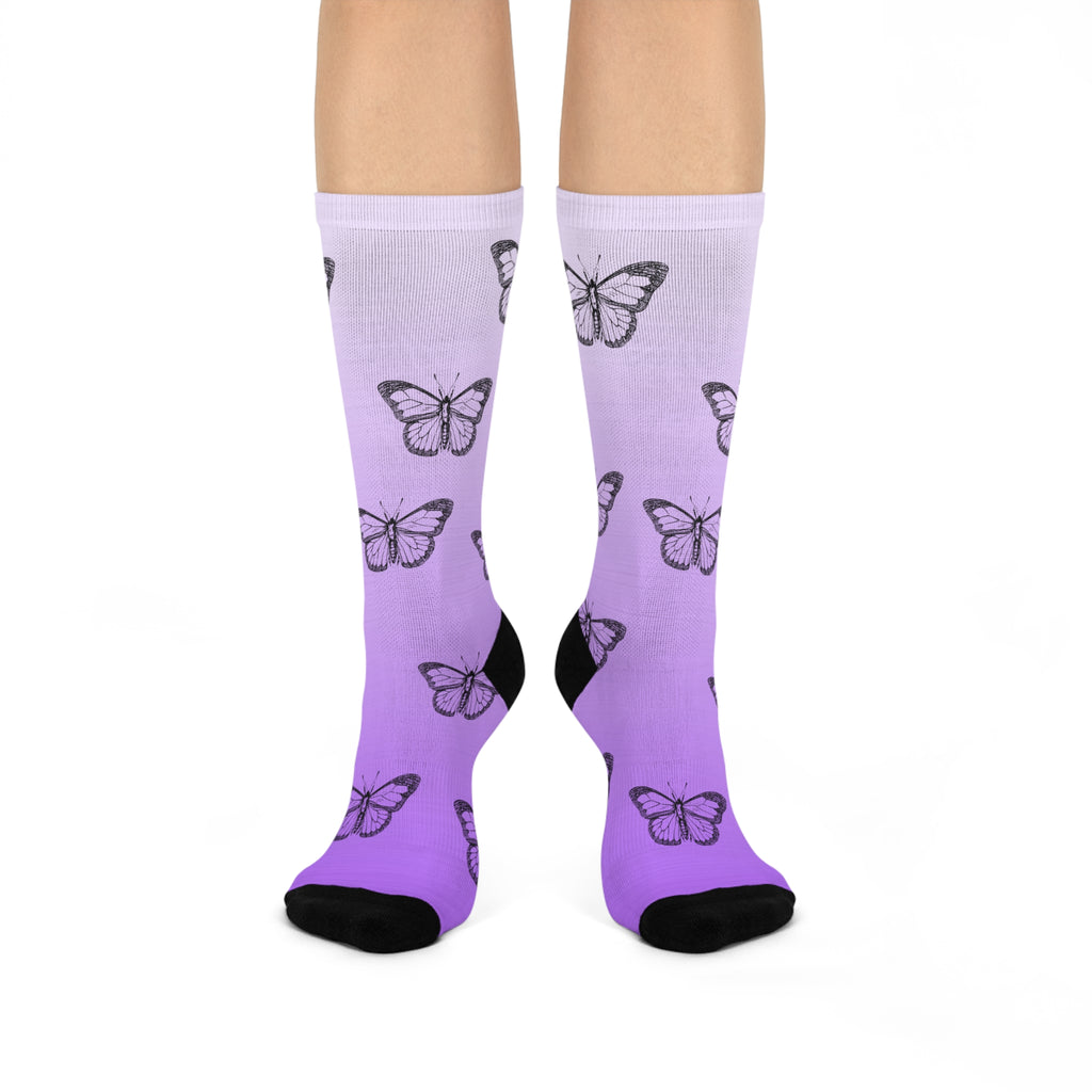 Butterfly Pattern Cushioned Crew Socks - Stylish & Comfortable Footwear for Nature Lovers
