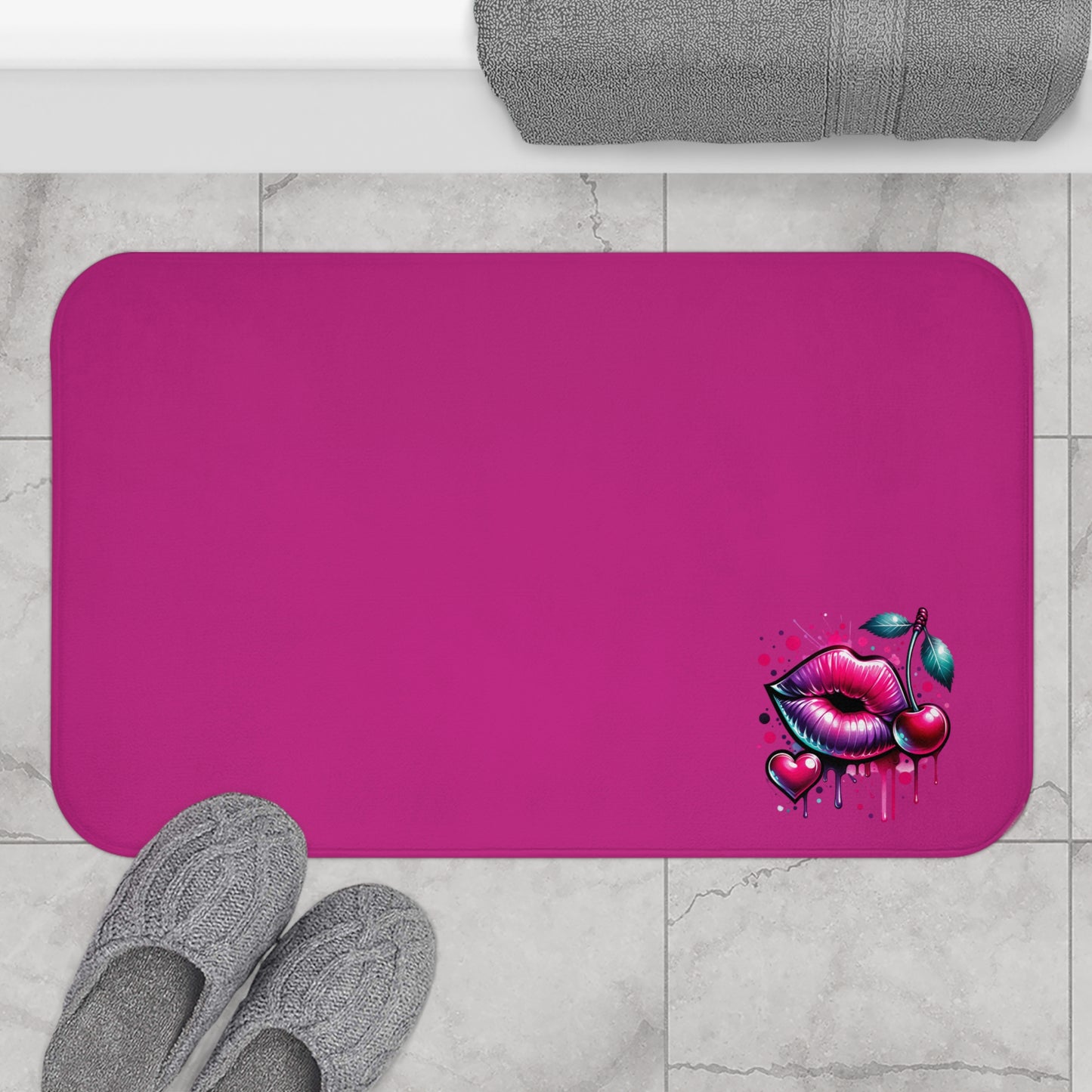 Vibrant Cherry Kiss Bath Mat, Bright Pink Bathroom Rug, Funky Shower Mat, Bold Home Decor, Fun Gift for Her