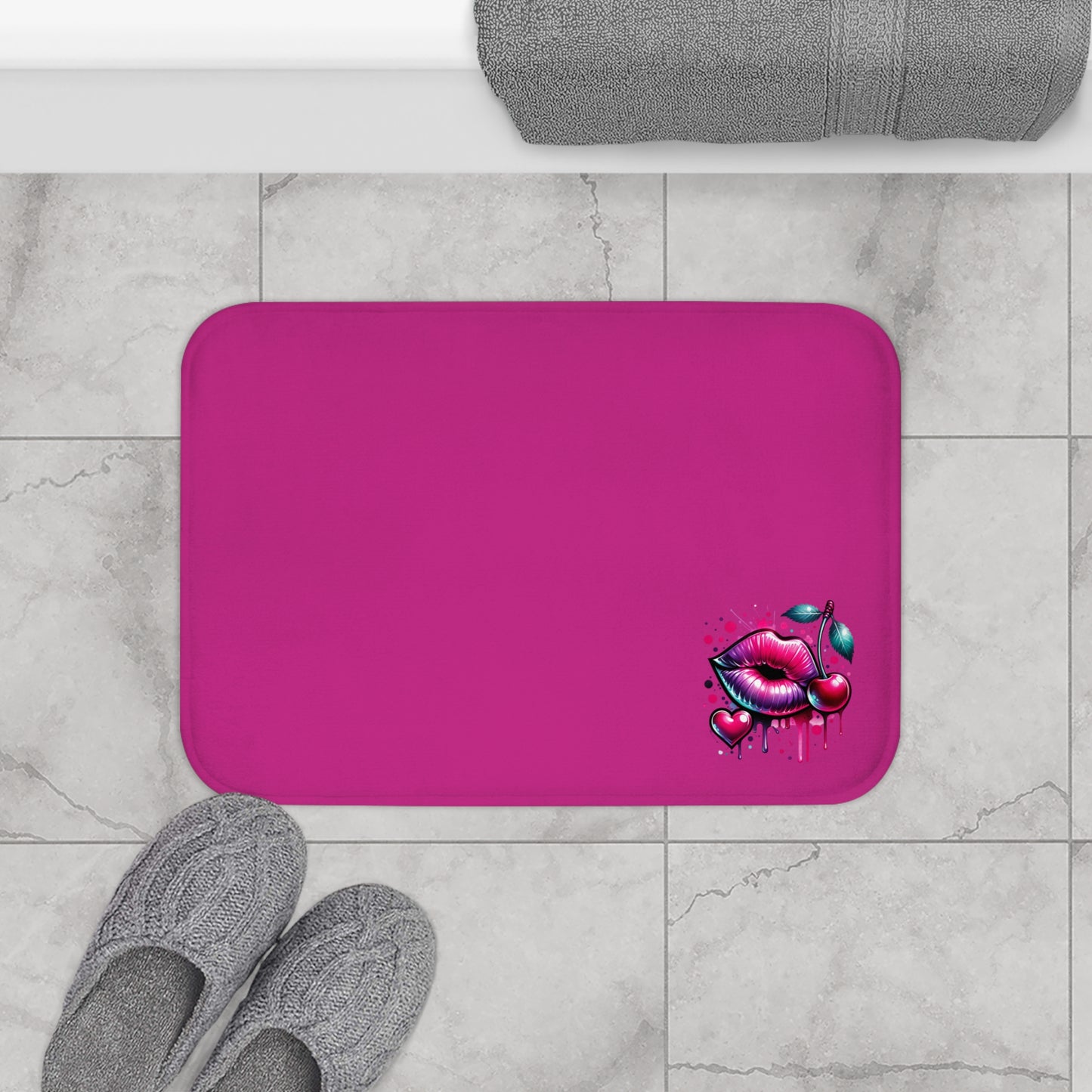 Vibrant Cherry Kiss Bath Mat, Bright Pink Bathroom Rug, Funky Shower Mat, Bold Home Decor, Fun Gift for Her