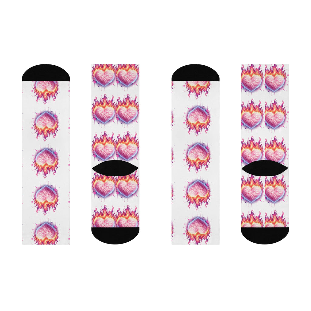 Love on Fire Cushioned Crew Socks - Colorful Heart & Flames Design
