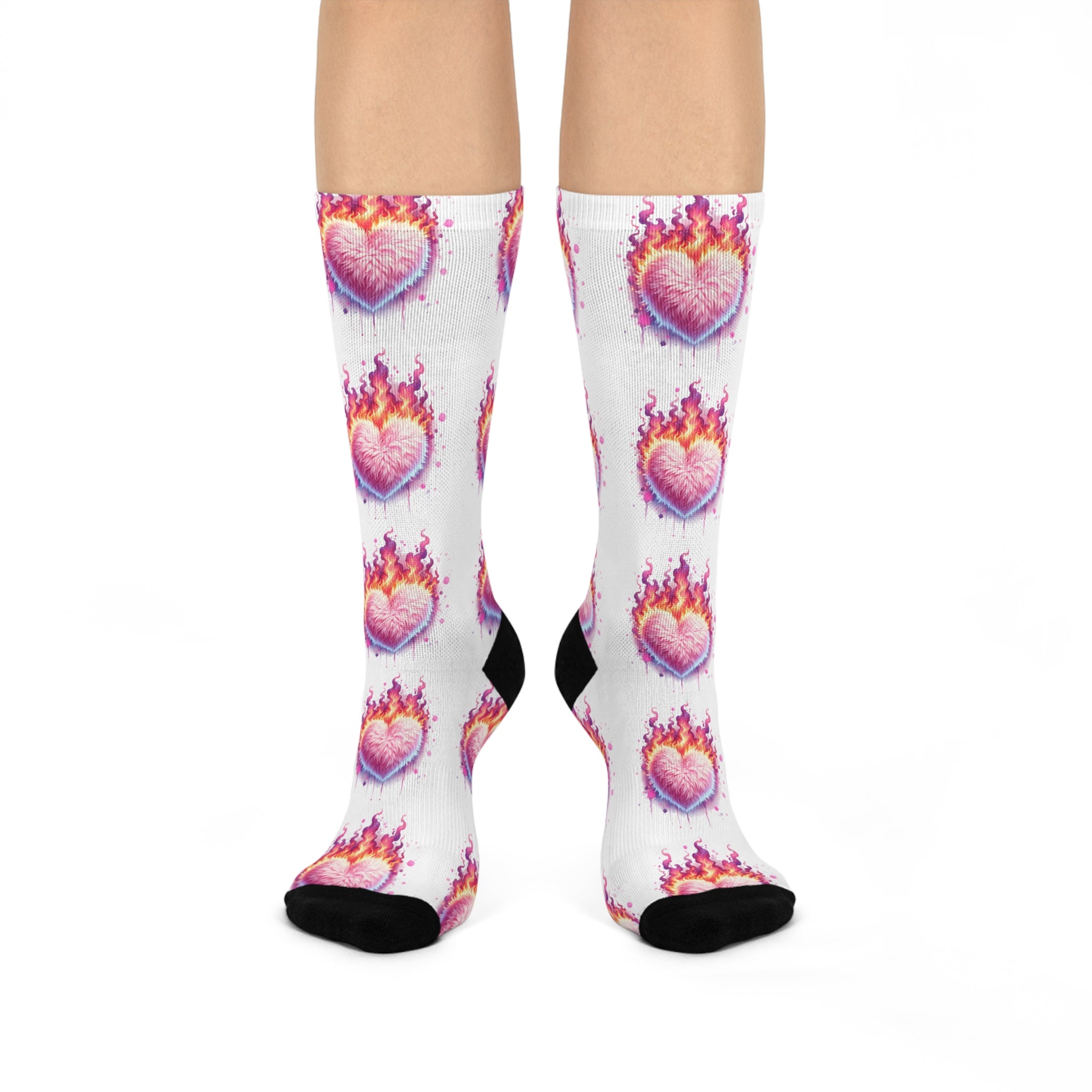 Love on Fire Cushioned Crew Socks - Colorful Heart & Flames Design