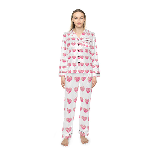 Women’s Heart Print Satin Pajamas - Luxurious and Stylish Sleepwear