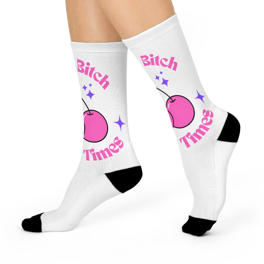 Funny Cherry-Themed Cushioned Crew Socks -"Hot Fit Bitch, Cherry Times"