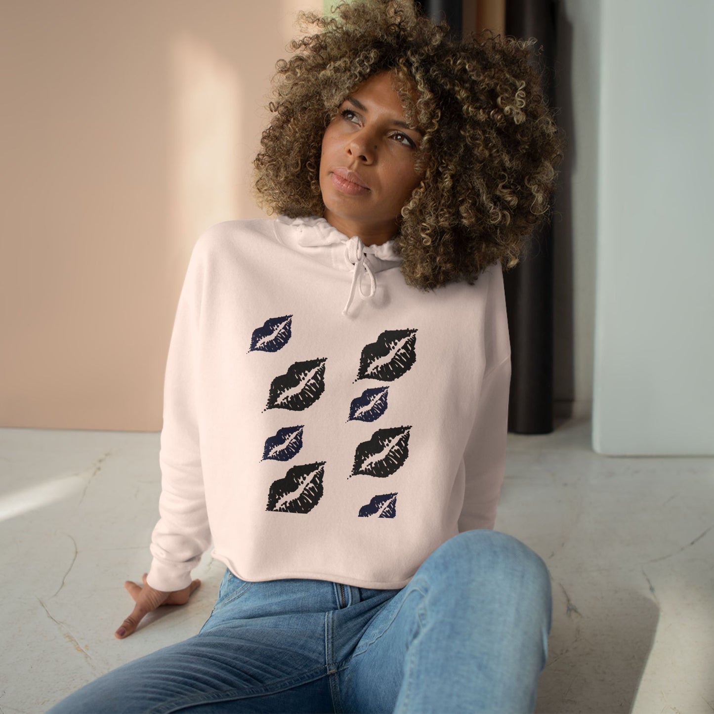 Chic Crop Hoodie with Kiss Print - Stylish Women's Casual Wear