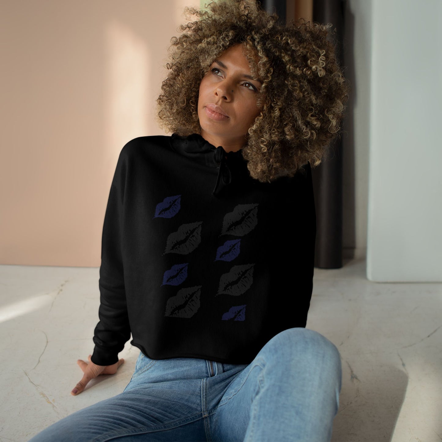 Chic Crop Hoodie with Kiss Print - Stylish Women's Casual Wear