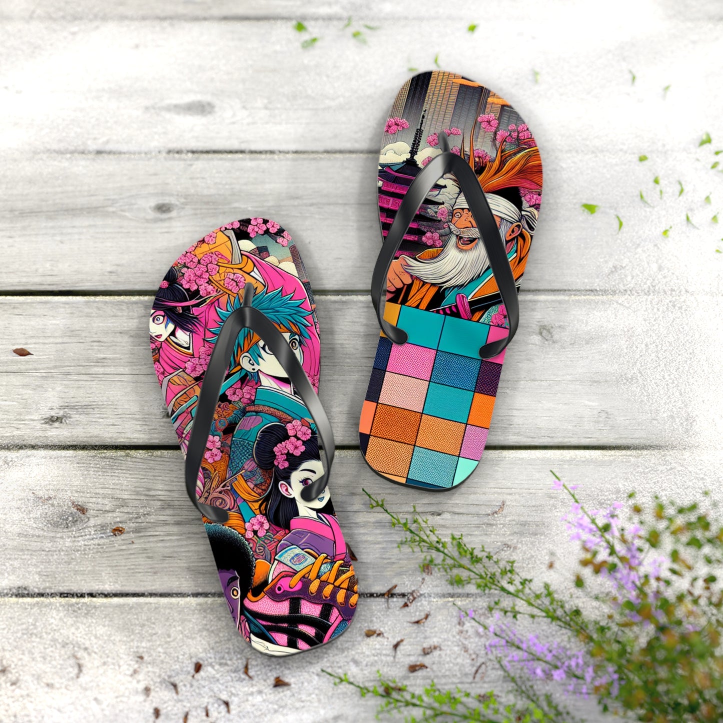 Colorful Artistic Flip Flops, Summer Beach Footwear, Cute Vacation Sandals, Trendy Beachwear, Gift for Her