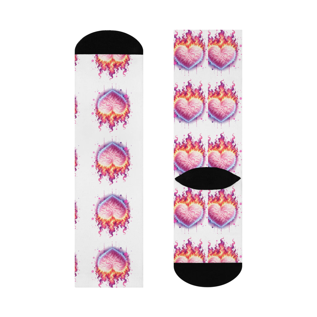 Love on Fire Cushioned Crew Socks - Colorful Heart & Flames Design