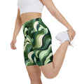 Eco-Friendly Women's Workout Shorts - Green Wave Pattern for Active Lifestyle
