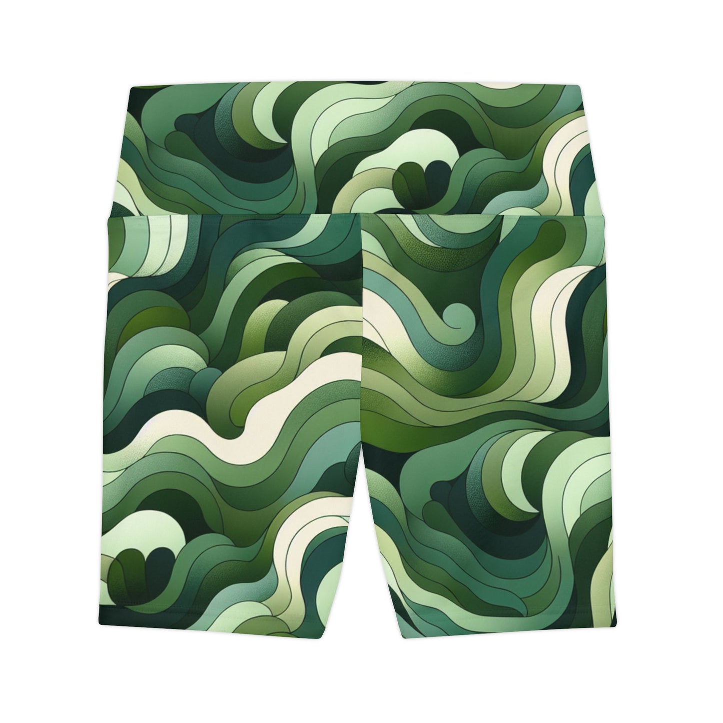Eco-Friendly Women's Workout Shorts - Green Wave Pattern for Active Lifestyle